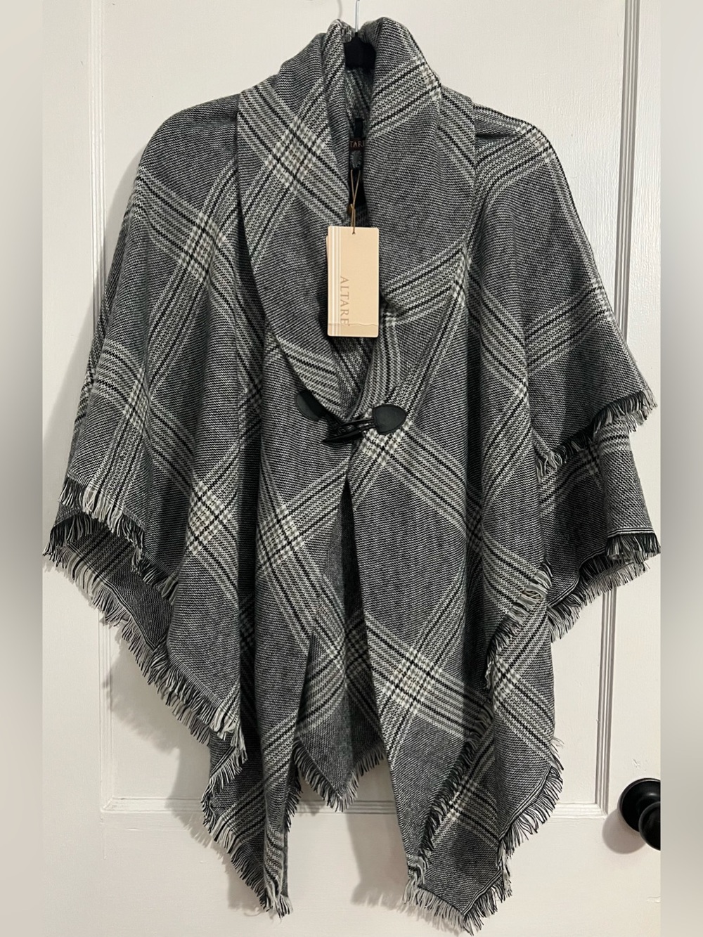 Altare Gray Plaid Fringe Poncho Wrap
